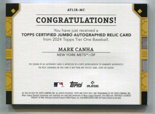 2024 Topps Tier One Jumbo Relic Autographs Mark Canha Button Patch Auto 3/5 - Picture 2 of 2