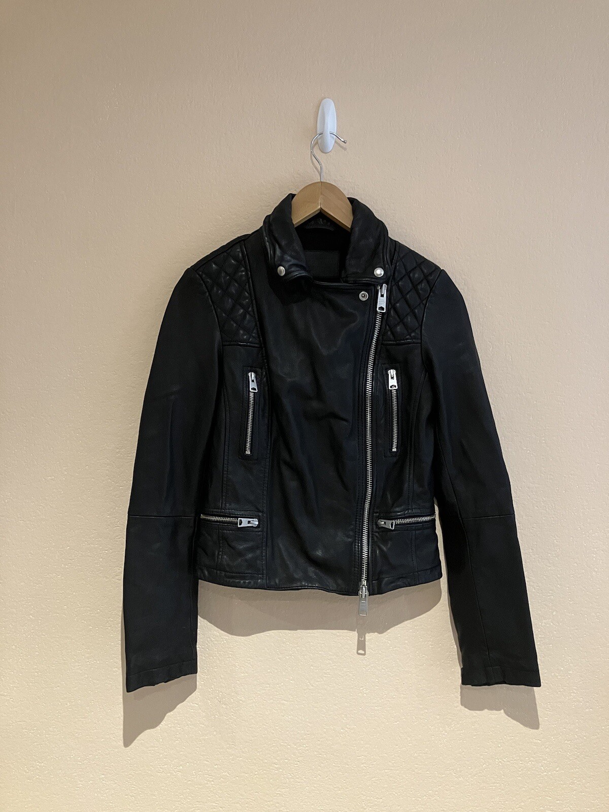 All Saints Womens Catch Biker 100percent Leather Black Jacket Size 6