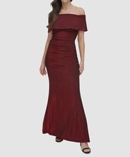 Vince Camuto Women's Red Metallic Ruched Off-Shoulder Gown Dress Size 8