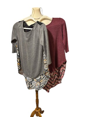 Set of Two Hi Low Contrasting Fabric Tunics. SZ Medium. Gray and Burgundy. Lace