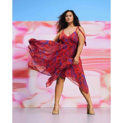 Alexis Target Red Blue Tie Strap Tropical Leaf Asymmetrical Dress Size 4X