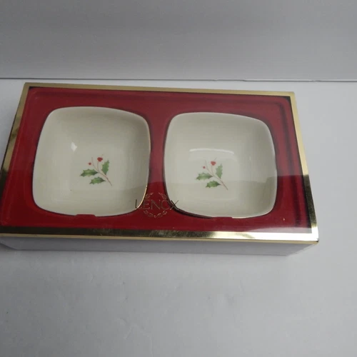 VTG Lenox Holiday Dipping Bowl Set of 2 Ivory with Holly Leaves & Berries In Box