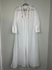 Vtg 60s Dressing Gown M/L Sheer White Floral Long Peignoir Robe Retro Union USA
