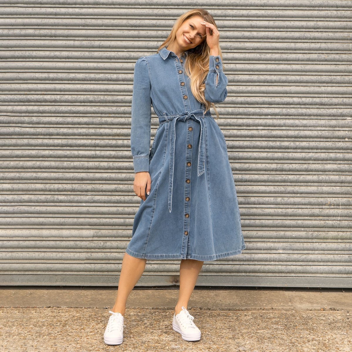 M&S Denim Dress Blue Womens Belted Midi Shirt Puff Long Sleeve