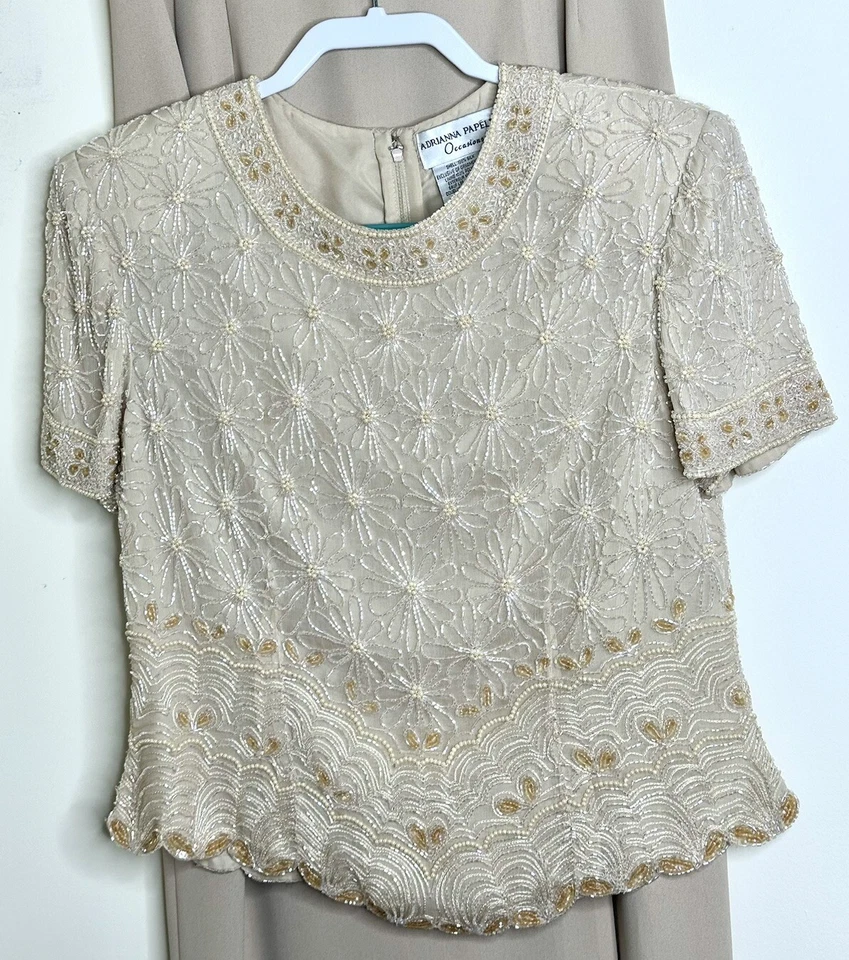 De Colección Adrianna Papell Conjunto de Seda Top Maxi Falda Beige Cuentas Flores Imitación Perlas 12P Foto 2 de 4