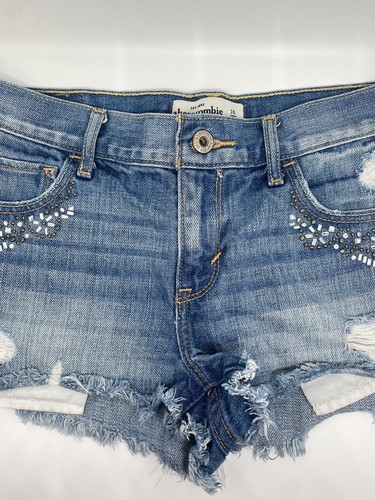 Abercrombie Kids Jean Shorts Girl Size 16 Light Blue Denim Distressed Beaded