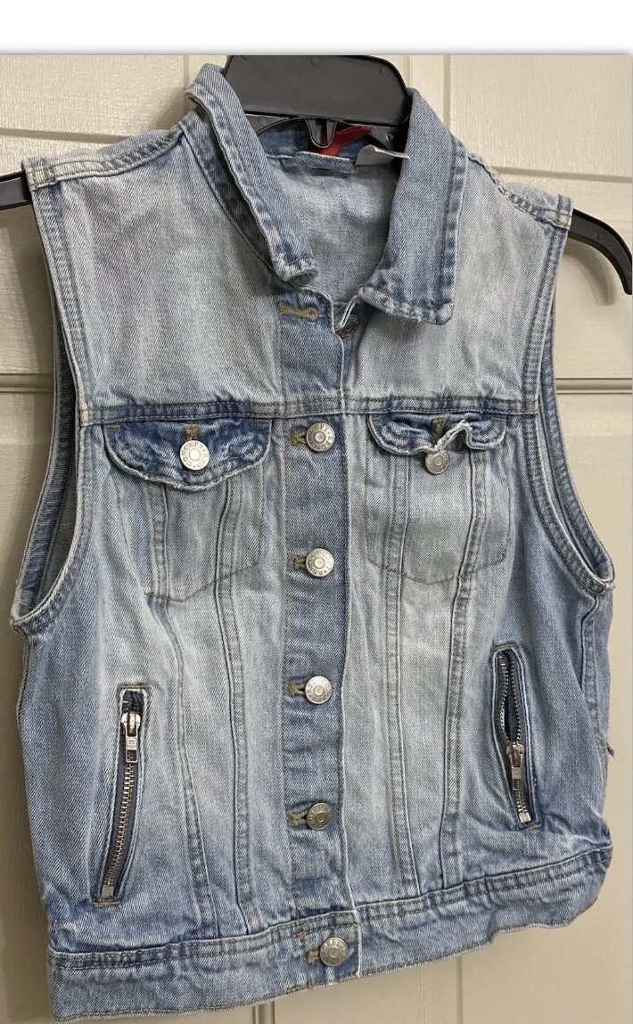 H M Divided Denim Vest Jacket Women Zip Pockets Blue Size 8 EUC