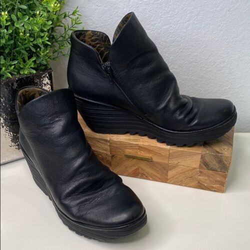 FLY London Yip Black Leather Women's Wedge Boot Size 41 EU/10.5 US