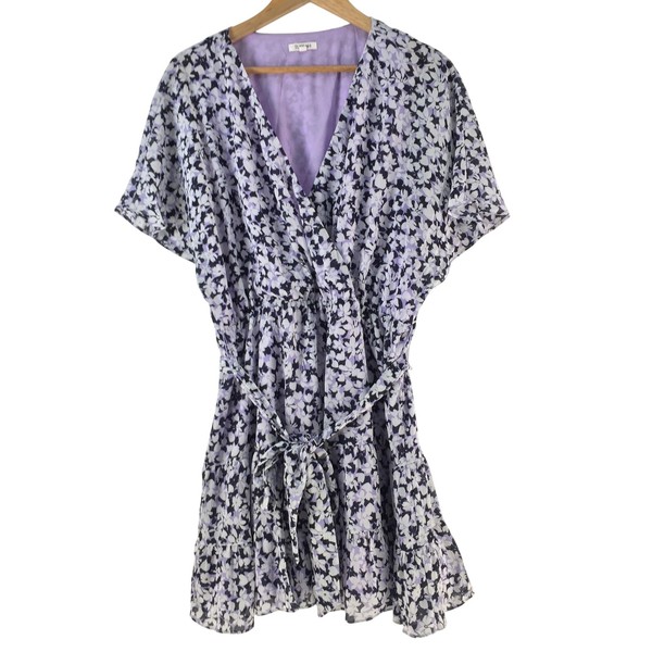 Tussah Dress Womens 16 Purple Floral V Neck Kimono Sleeve Wrap Mini Ruffle