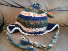 Hand Knit Wool Earflap Hat Braided Tassels Fleece Lined Peruvian Ski Beanie NICE