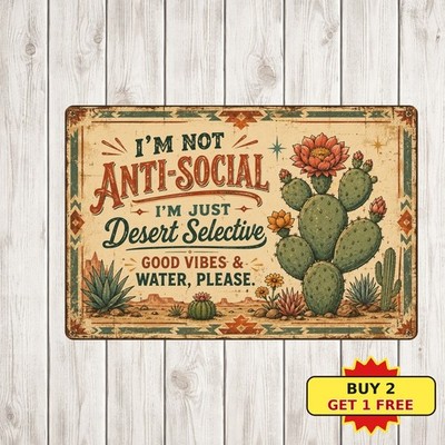Funny Cactus No Pricks Allowed Desert Succulent Garden Metal Tin Sign Plaque