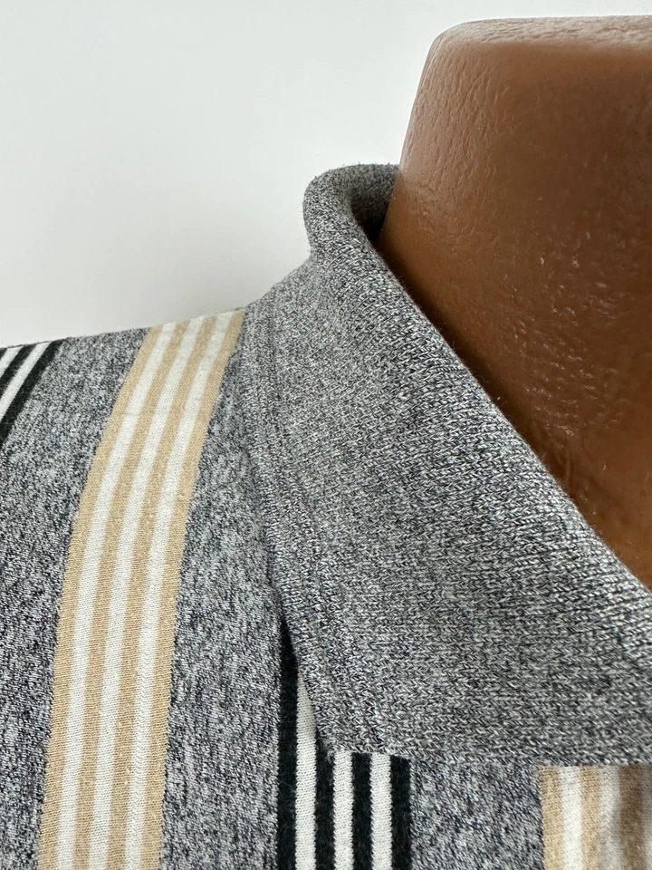 Винтажная рубашка-поло 90-х в полоску мужская XL черная бежевая вересковый серый натуральный выпуск - Изображение 3 из 4