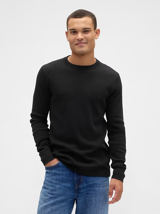 NWT GAP Black Waffle-Knit Thermal Crewneck T-Shirt Long-Sleeve