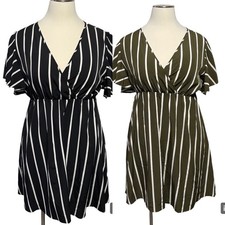 Lot of 2 3XL Black Green White Stripe V Neck Flutter Sleeve Empire Waist Dress