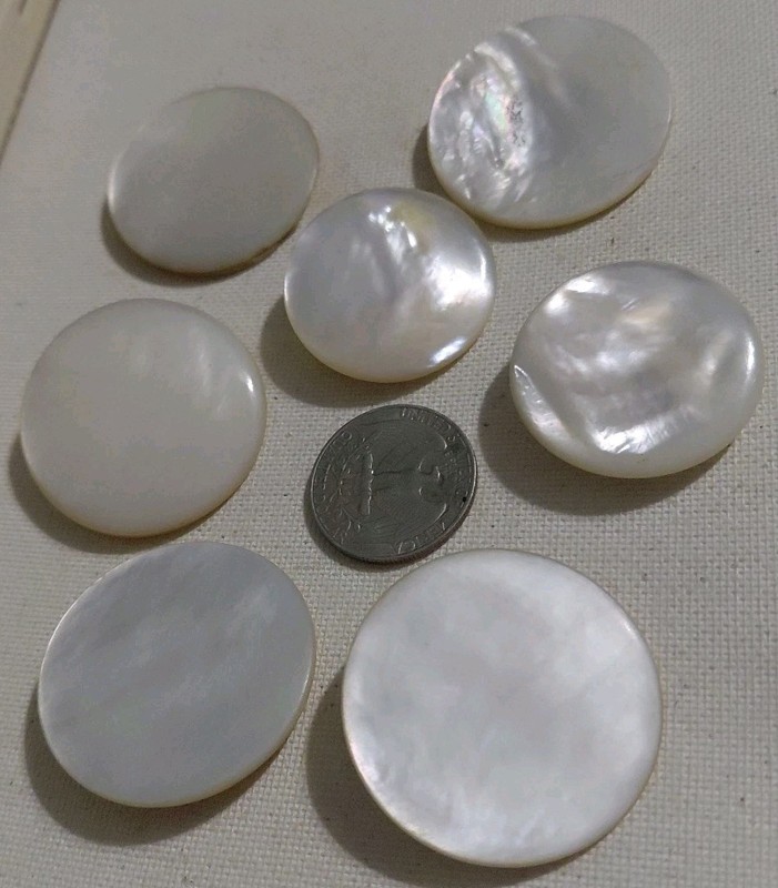 Lot of 7 Large Vintage Carved Mother of Pearl Shank Buttons, 1 3/16" - 1 7/16"