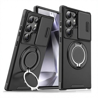 For S26 Ultra Push-Open Anti-Fingerprint Metal Protective Phone Case Ring Stand