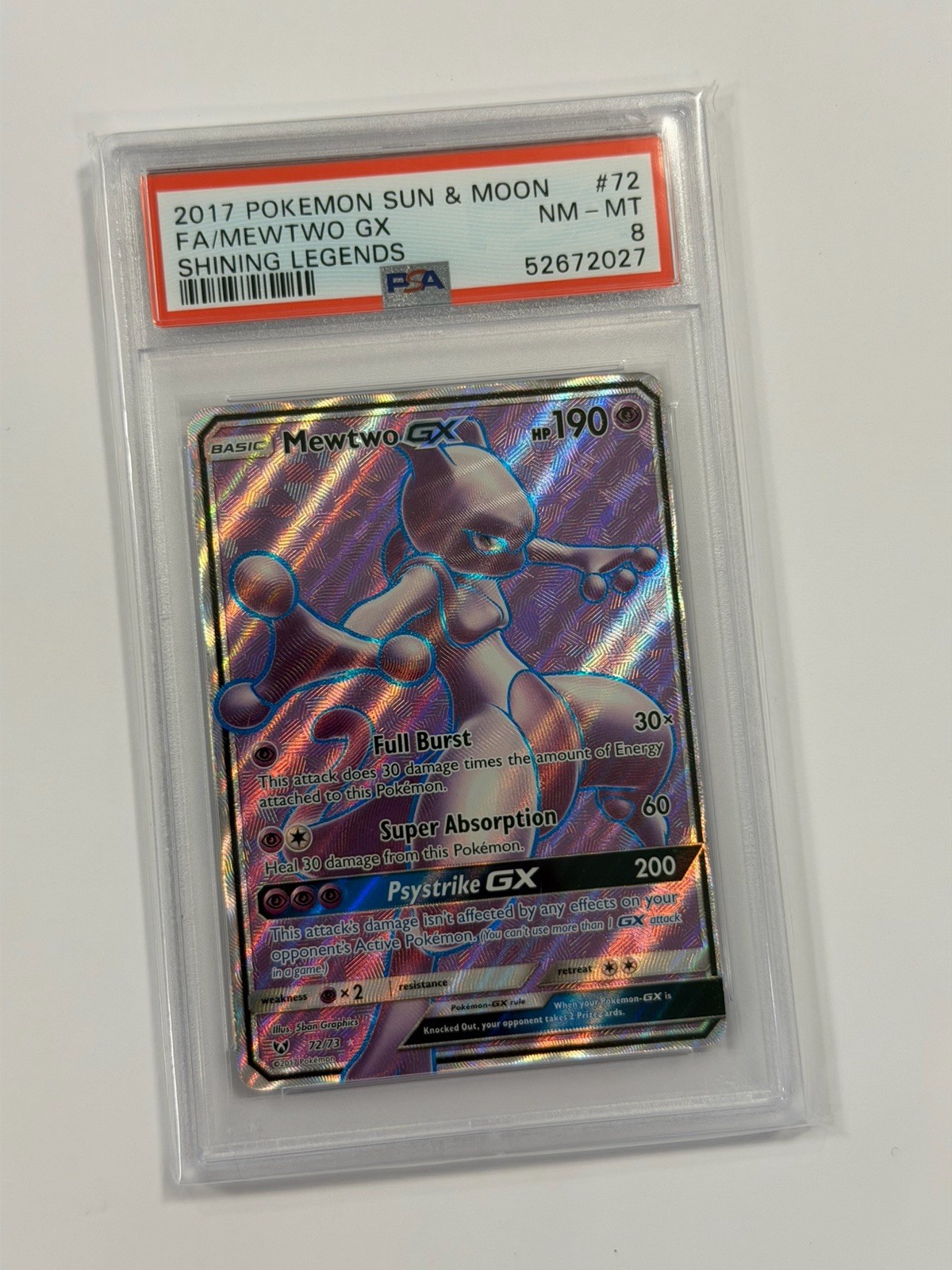 Pokemon 2017 Sun Moon Shining Legends Full Art MEWTWO GX #72 PSA 8 RARE