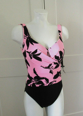 NWT VTG. Miraclesuit By Swim Shaper Estilo Pink Black One Piece Swimsuit sz 12