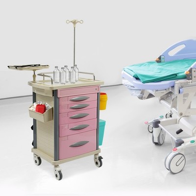 5-Tier Medical Trolley Mobile Rolling Crash Cart 5 Drawers 2 Trash Cans Lab Cart