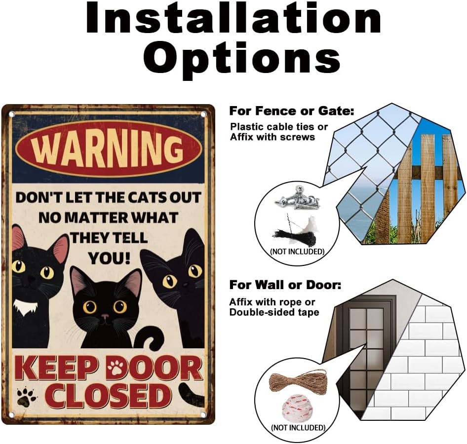 как выглядит Funny Black Cat Retro Wall Decor Metal Sign InchKeep Door Closed, 8 x 12 Inch фото
