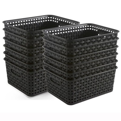 12 PCS Black Plastic Weave Storage Baskets Woven Organizer Kitchen Office