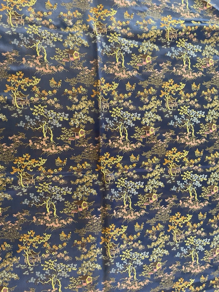 Blue background Silk pagoda brocade  Pagodas , rickshaw , cherry blossoms. - Image 3 of 4