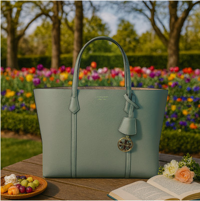 NEW Tory Burch Perry Triple Compartment Blue Celadon Large Leather