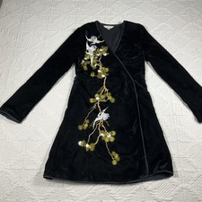 Miss Selfridge Cranes embroidered velvet wrap Kimono dress in black Size 4 ASOS