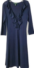 Lauren Ralph Lauren Dress Womens Small Navy Blue V-neck Ruffle Trim Stretch