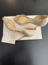 Jimmy Choo Logan Beautiful Size 36 Gold Glitter Peep Toe Pumps
