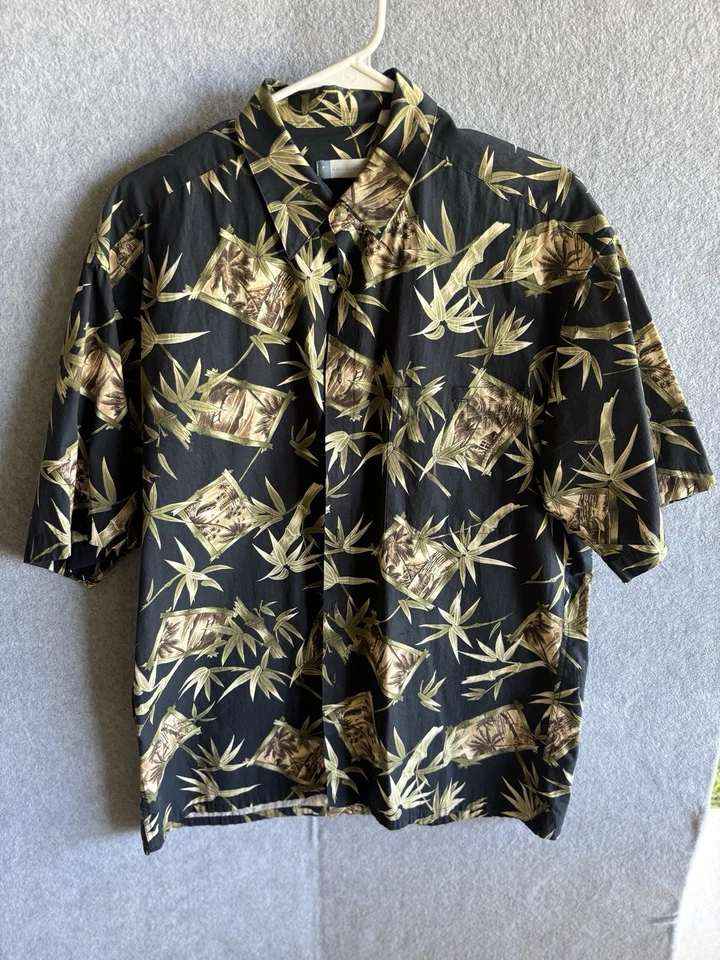 Half Moon Bay Men Button Up Shirt L Black Hawaiian Tropical Leaves Short Sleeve - Image 4 of 4
