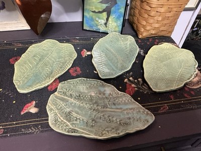 4 Studio crafted Leaf Shaped Ceramic Fossilized Plates Drip Glazed Hand Made