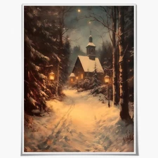 Vintage Church Scene Wall Art Winter Forest Snowy Cabin Canvas Printing Poster R