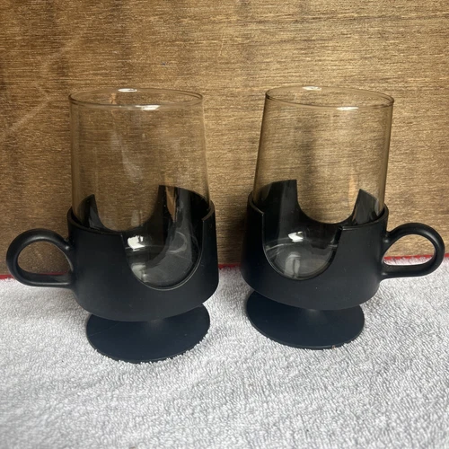 2 Vintage Black Plastic Holder Cup Glasses Glas-Snap by Corning Mugs