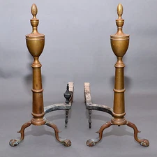 Antique Pair of PURITAN Spire Top EAGLE CLAW  Brass Fireplace Andirons