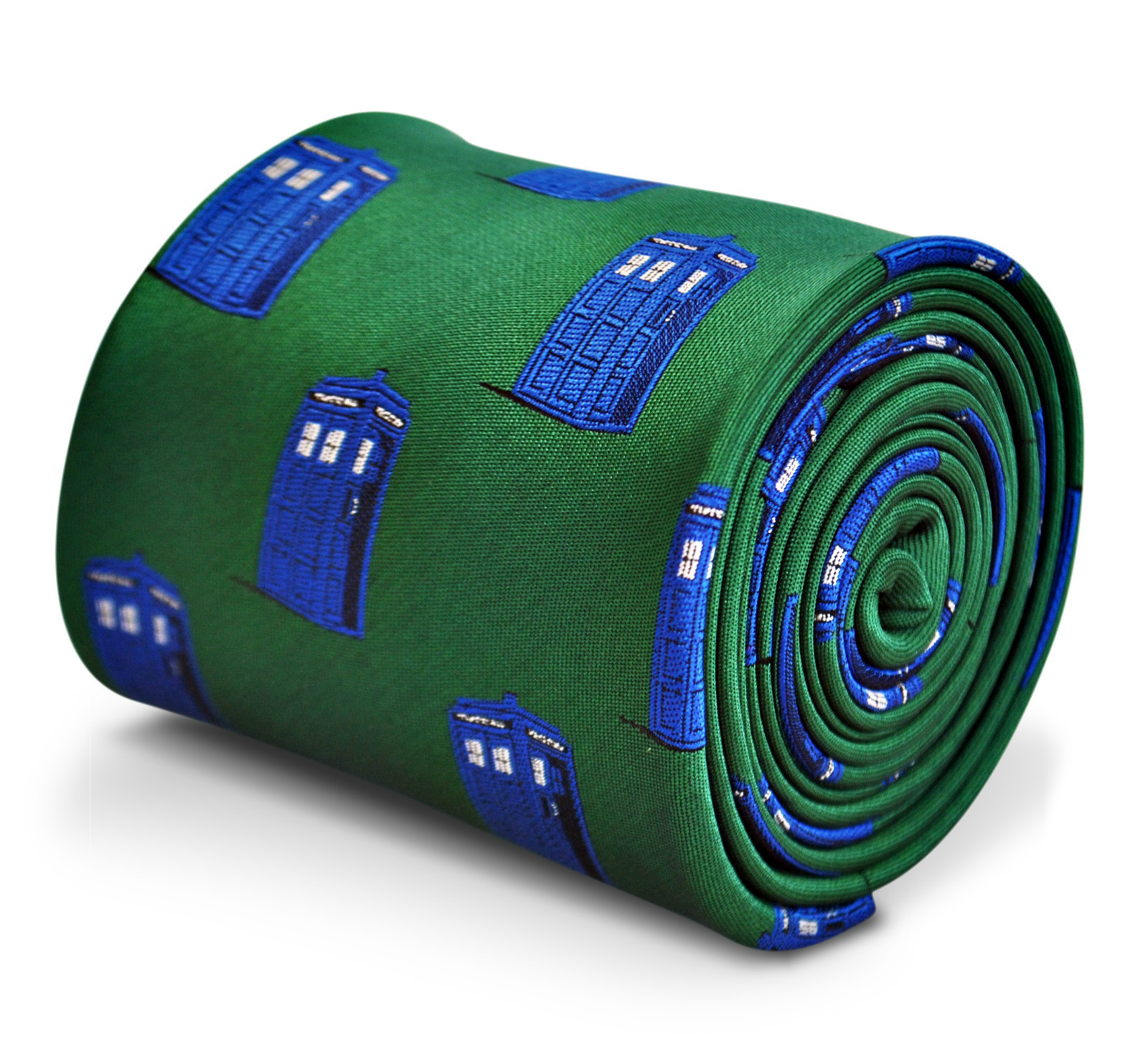 Green Mens Tie with Police Box pattern by Frederick Thomas Dr Who tardis FT3227