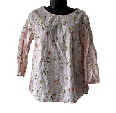 OUI Floral Tunic Blouse Womens Size 12 Pink Long Sleeve Lightweight Collarless