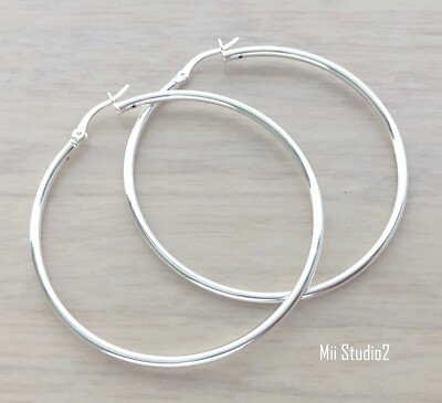 2pcs 50mm(2'') Thick Eurowire Round Hoop Sterling Silver Earring 2mm E76s