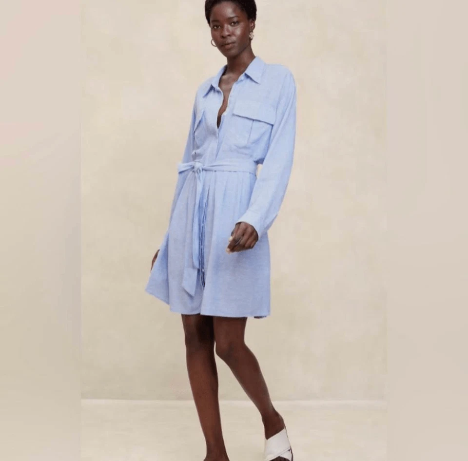 Banana Republic Factory Linen Blend Blue Utility Belted Shirt Dress Sz S NWT - Image 2 of 4