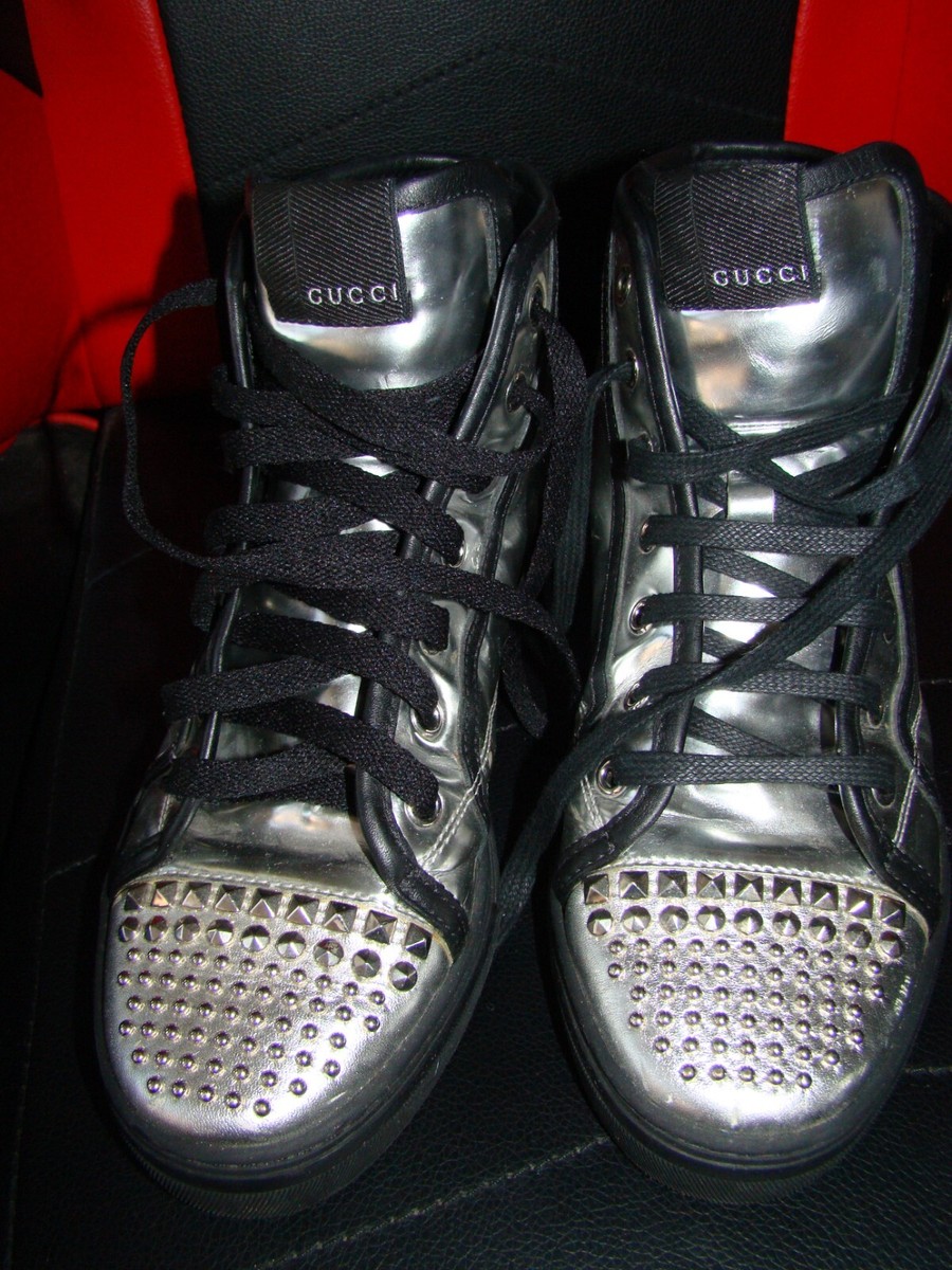 Gucci Silver Metallic Leather Spikes Studded Sneakers Boots