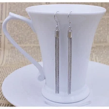 Womens Rodium Plated 3"/76mm Long Tassel Threader Dangle Earrings