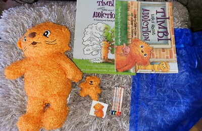 Timbi Talks About Addiction 13'' Orange Bear Plush Coloring Book Set Complete New