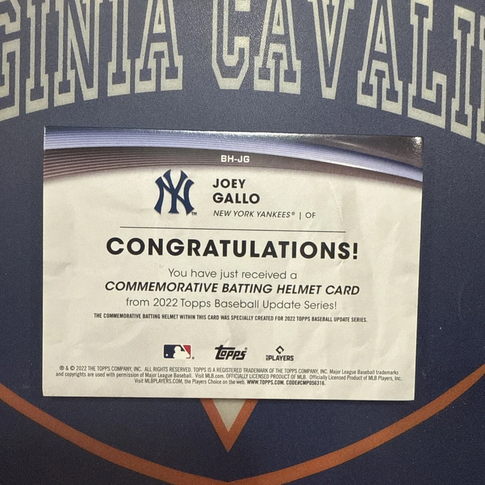 2022 Topps Update Joey Gallo Batting Helmet Relic BLUE Parallel Yankees BH-JG - Image 2 of 3