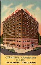 SEATTLE WASHINGTON CORNELIUS APARTMENT HOTEL STREET SCENE VINTAGE LINEN POSTCARD