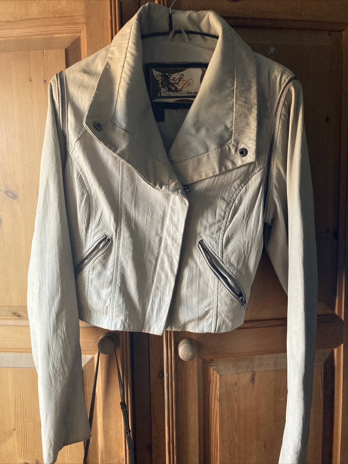 Real Leather Cropped Biker Jacket New Look Beige Size… Gem