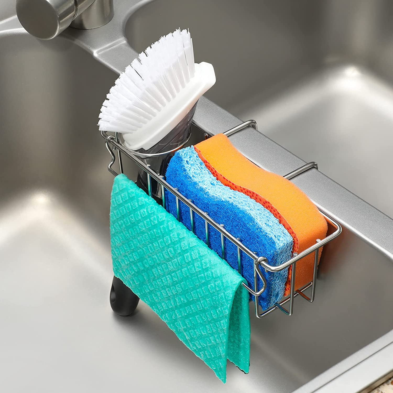 Sponge Holder Movable Brush Holder Dish Cloth Hanging Caddy Organizer Rack Bin