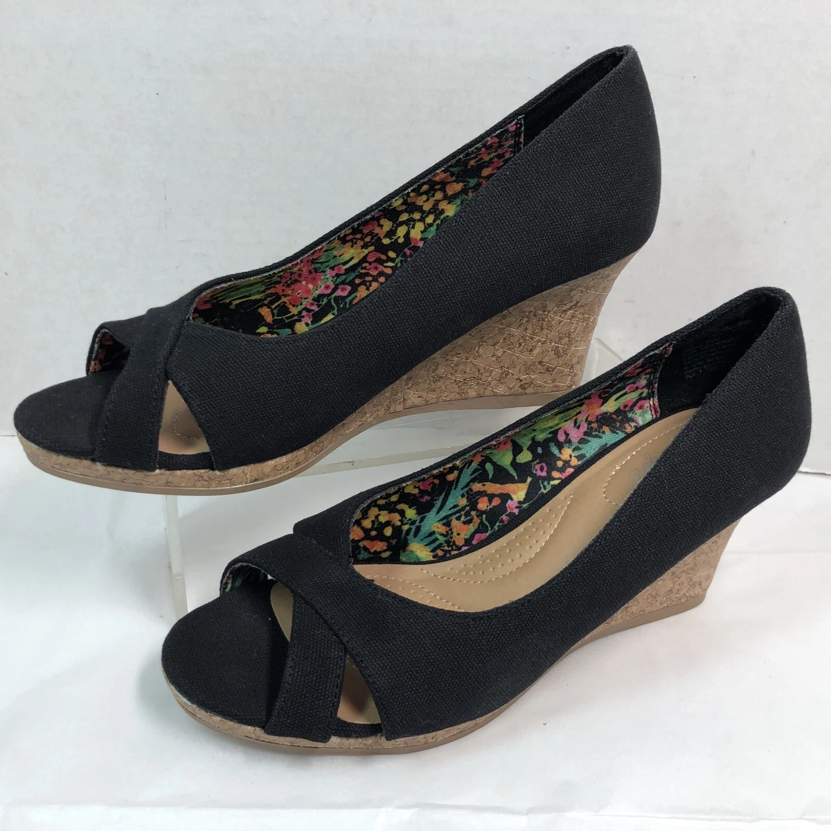 Dexflex Comfort Womens Wedge Sandals Size 7 W Caitlyn Peep Toe Black Casual  #E | eBay