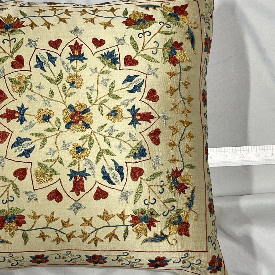 Silk Hand-Embroidered Suzani Pillow Decorative Down Fill Elegant Excellent Cond. - Image 4 of 4