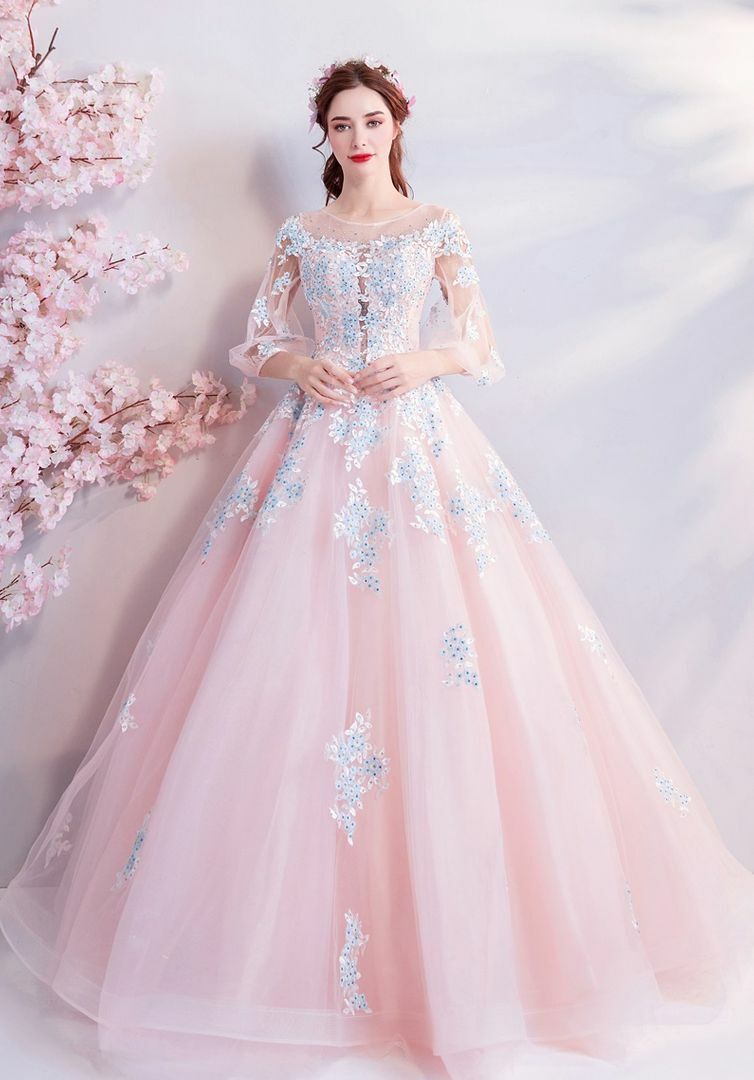 Women's Sexy Party Wedding Dress LT Pink Flowers Puff Sleeve O-Neck Party  Dresse | eBay