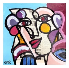 CORBELLIC EXPRESSIONISM 12X12 CUBIST BOY HANDMADE SIGNED COLORFUL ART PAINTING